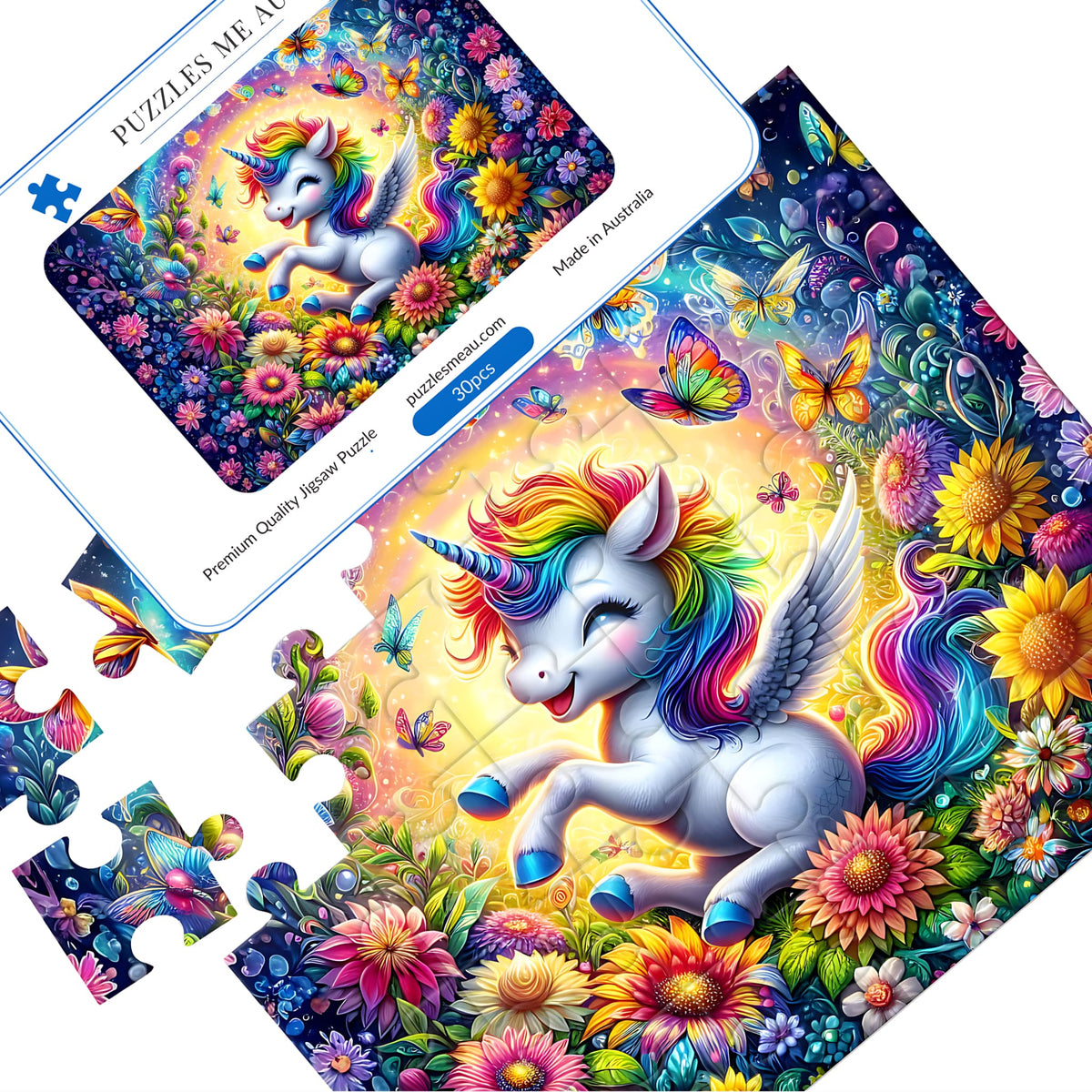 Rainbow Unicorn Garden wooden puzzle 30 pieces - hero image showing completed vibrant unicorn puzzle with large chunky pieces - handmade in Queensland Australia