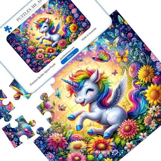 Rainbow Unicorn Garden wooden puzzle 30 pieces - hero image showing completed vibrant unicorn puzzle with large chunky pieces - handmade in Queensland Australia