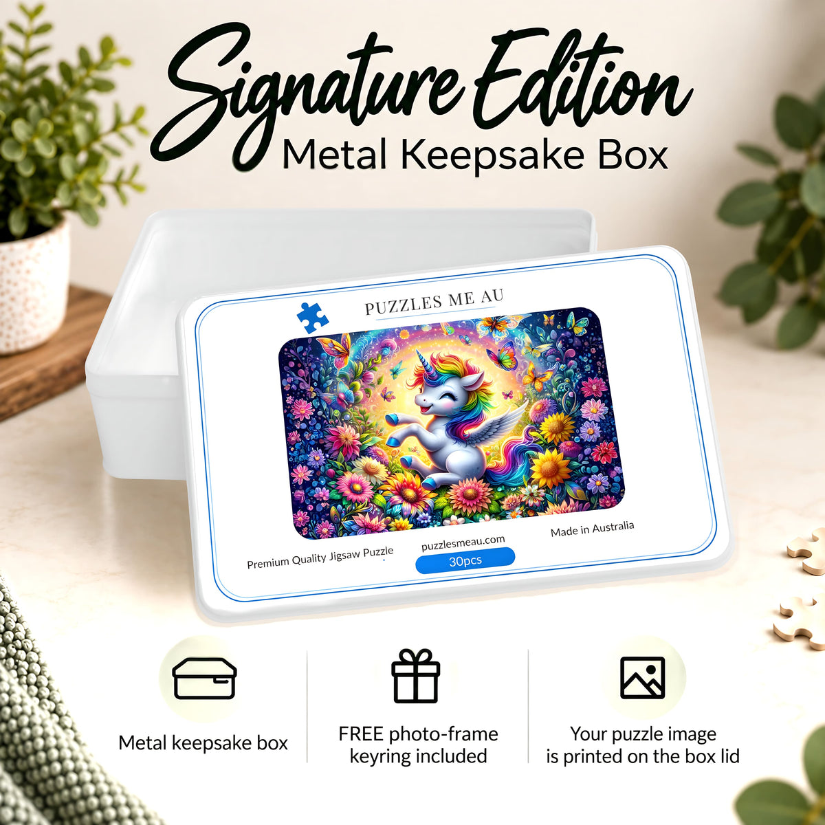 Rainbow Unicorn Garden 30-piece wooden puzzle artwork printed on a white Signature metal keepsake box