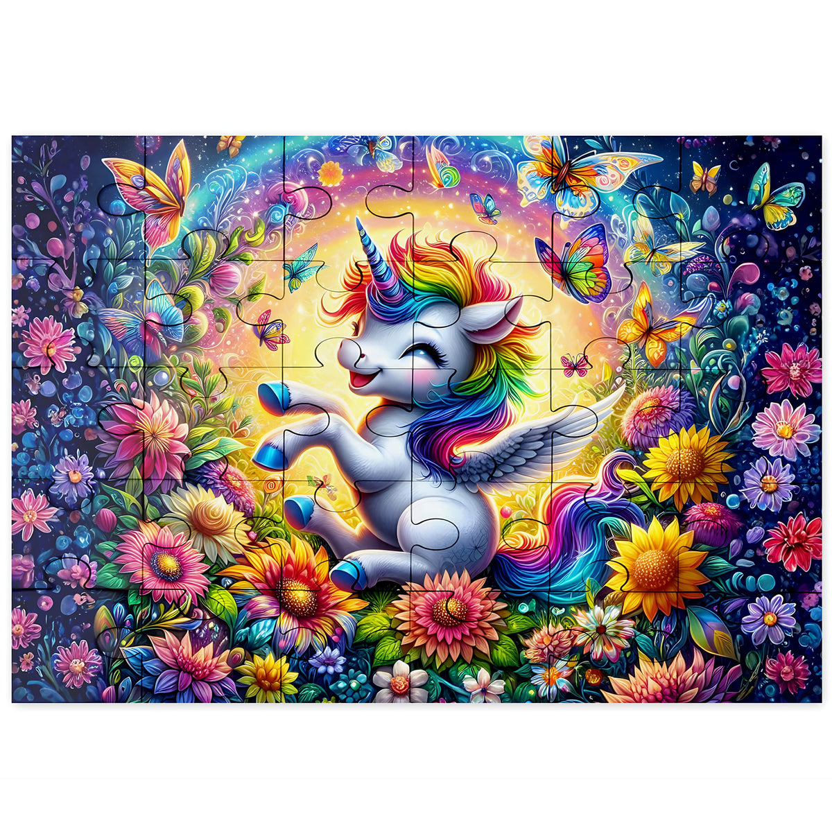 Rainbow Unicorn Garden 30-piece wooden puzzle with large pieces, white winged unicorn, flowers and butterflies