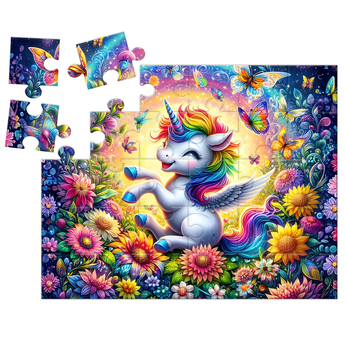 Rainbow Unicorn Garden 30-piece wooden puzzle with large pieces partially assembled beside loose pieces