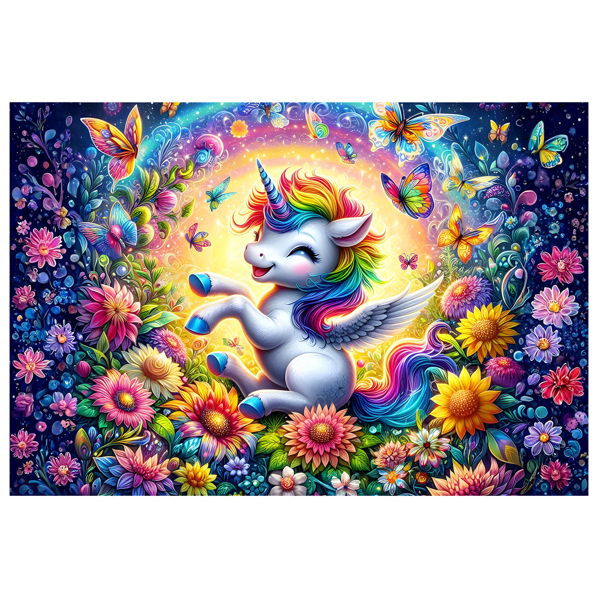 Rainbow Unicorn Garden puzzle artwork with white winged unicorn, rainbow mane, flowers and butterflies