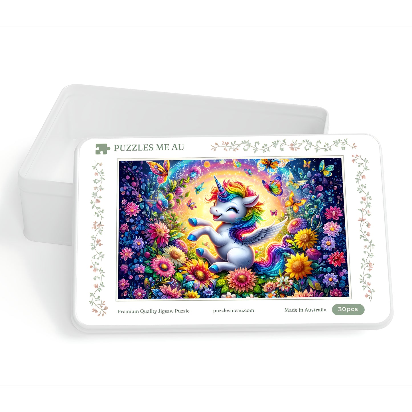 Rainbow Unicorn Garden Wooden Puzzle box lid with white box