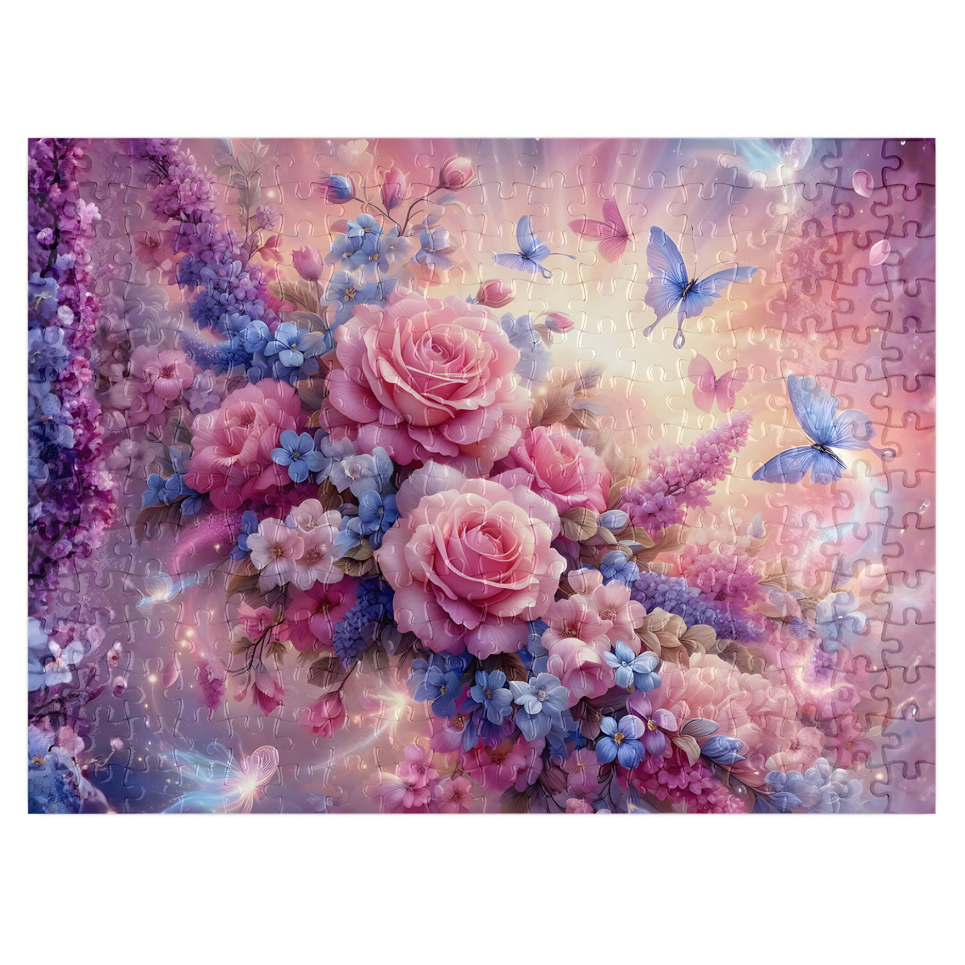 Pink roses and blue butterfly floral wooden puzzle, 300 pieces, matte finish