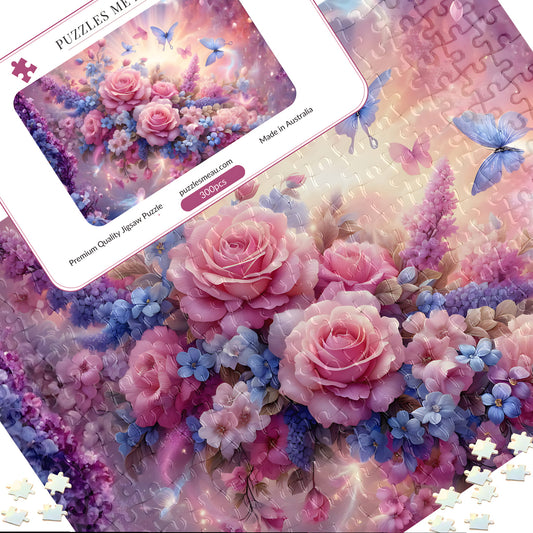 Rose garden 300 piece wooden puzzle - puzzle pieces spread alongside Puzzles Me AU branded box and Signature Edition metal keepsake box, pink roses and butterflies, handmade in Queensland Australia