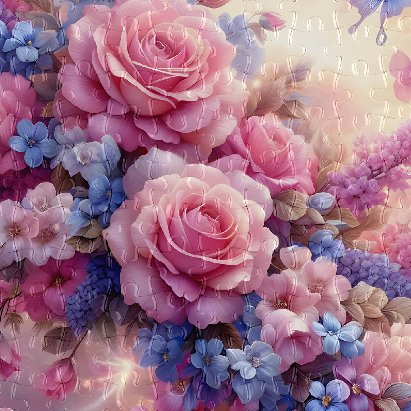 A close-up of a floral jigsaw puzzle showing large pink roses, blue flowers, and soft pastel leaves with a visible puzzle-piece grid overlay.