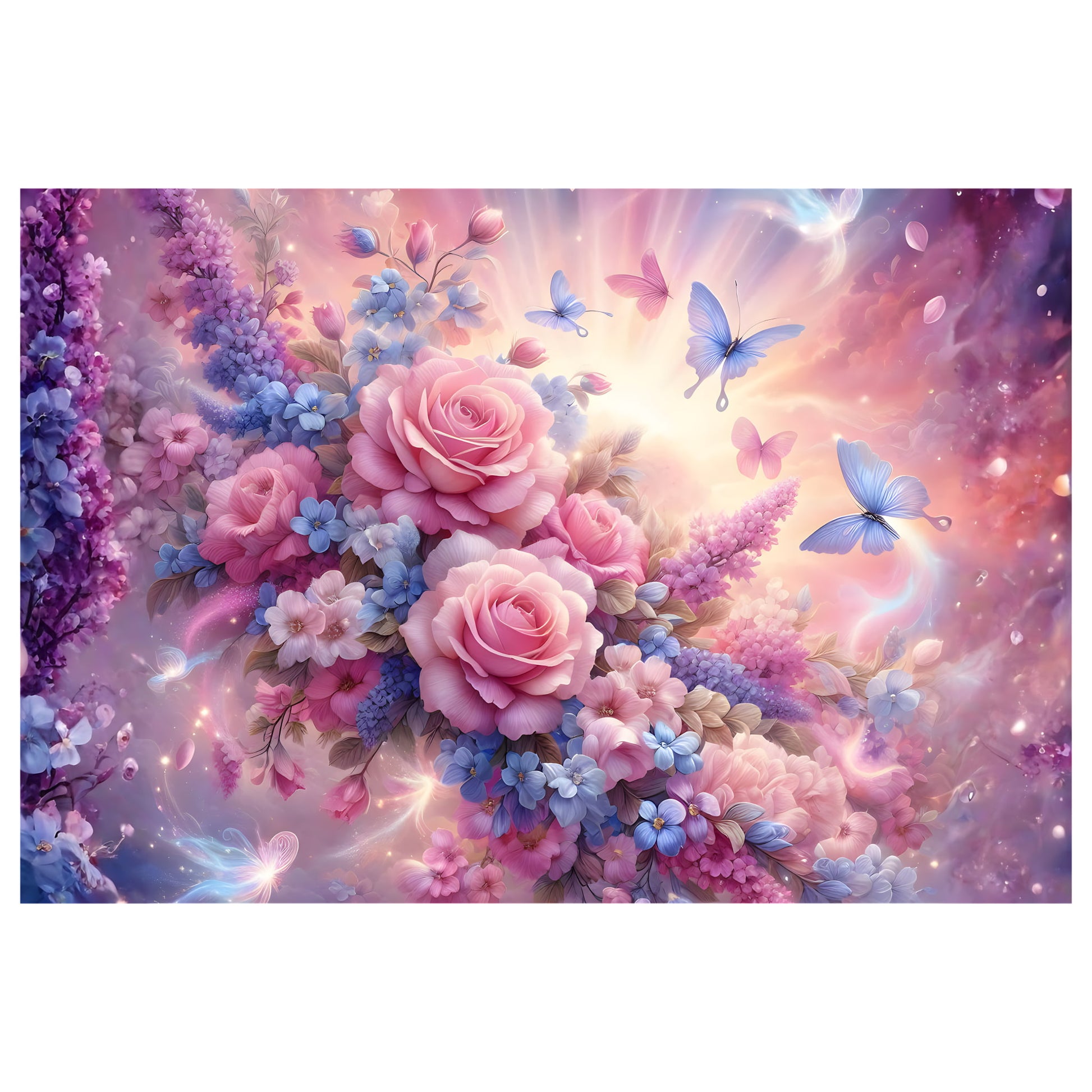 A colorful fantasy floral artwork featuring large pink roses, lavender sprigs, blue flowers, and butterflies in a glowing pastel sky with light rays and sparkles.