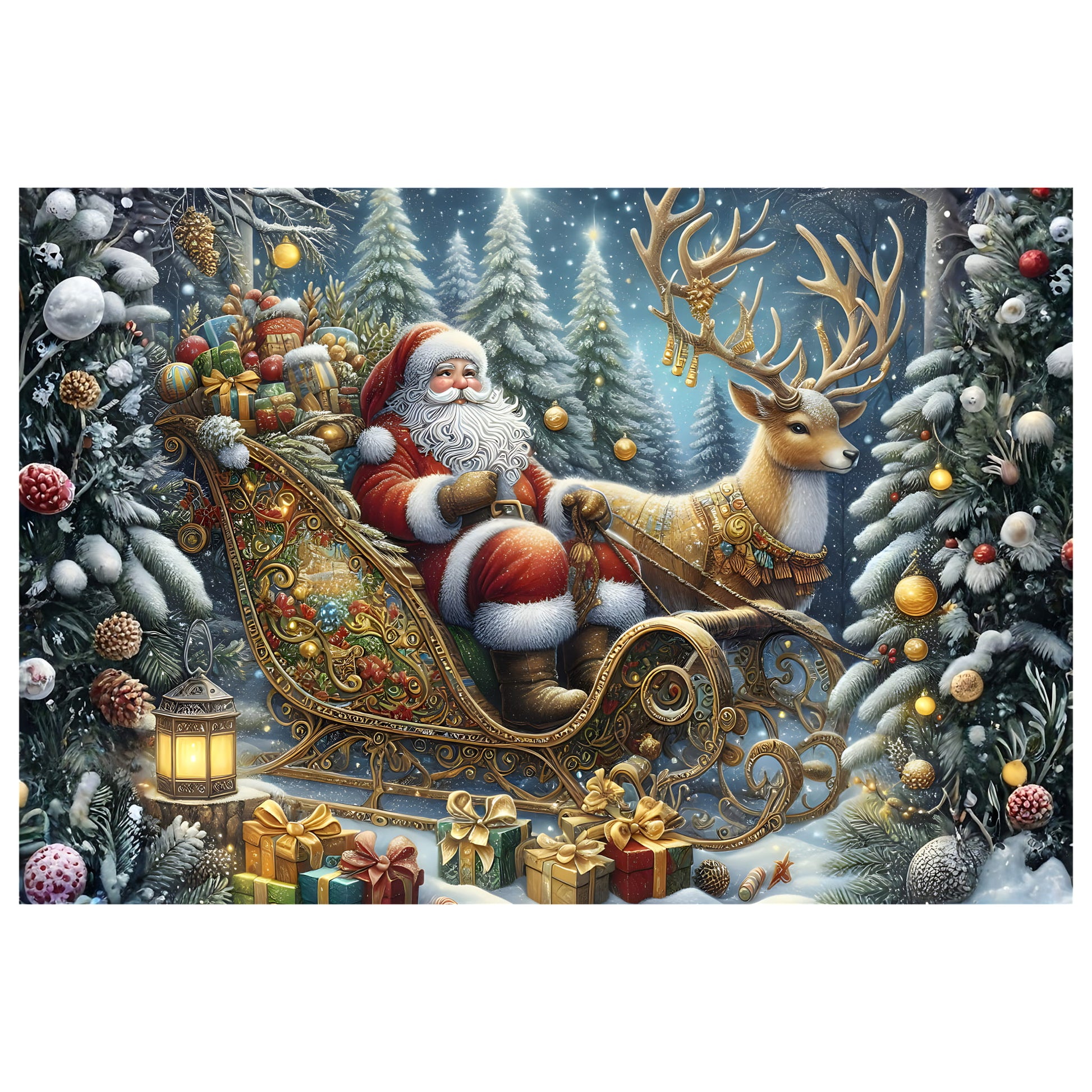 Reference image - Santa Sleigh and Reindeer Christmas art featuring Santa Claus in a golden ornate sleigh with a reindeer, snow-covered trees, wrapped gifts and a glowing lantern, printed on premium matte photo paper