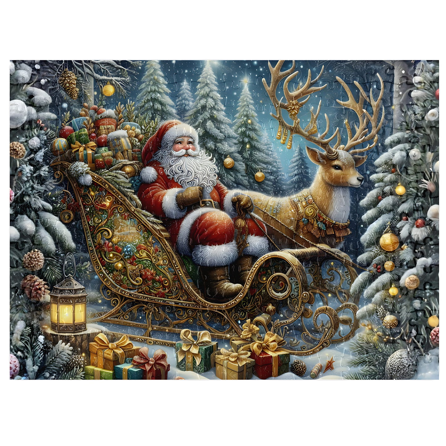 Assembled Santa Sleigh and Reindeer 300-piece jigsaw puzzle with gloss finish pieces, featuring Santa Claus in an ornate golden sleigh with a majestic reindeer surrounded by snow-covered pine trees, Christmas ornaments and wrapped gifts