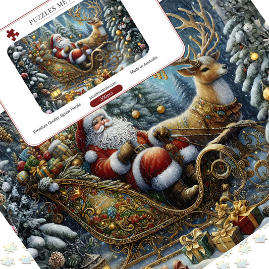 Santa sleigh and reindeer 300 piece jigsaw puzzle - puzzle pieces spread alongside Puzzles Me AU branded box and Signature Edition metal keepsake box, handmade in Queensland Australia