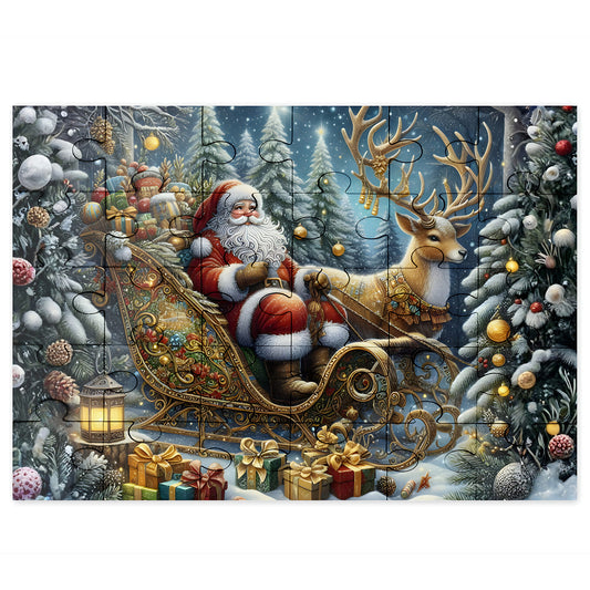 Assembled Santa Sleigh and Reindeer 30-piece wooden jigsaw puzzle with gloss finish pieces, featuring Santa in an ornate golden sleigh with a majestic reindeer surrounded by snow-covered pine trees and Christmas gifts