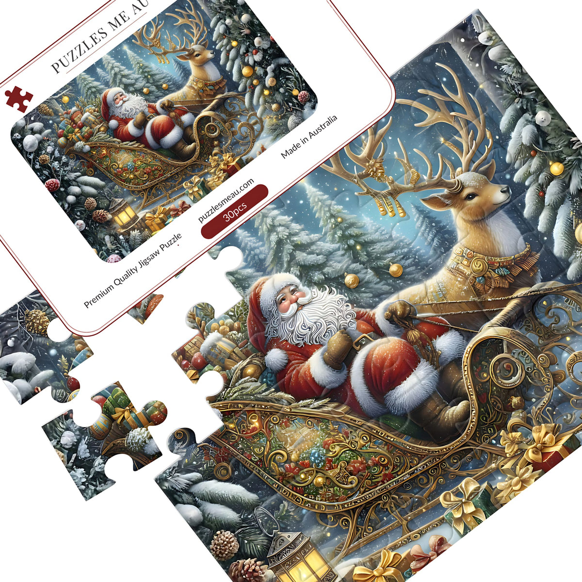 Santa Sleigh and Reindeer wooden puzzle 30 pieces by Puzzles Me AU - Santa in golden sleigh with reindeer in snowy forest, puzzle pieces spread out with Signature Edition metal keepsake box, handmade in Queensland Australia