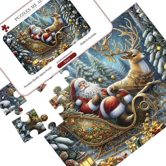 Santa Sleigh and Reindeer wooden puzzle 30 pieces by Puzzles Me AU - Santa in golden sleigh with reindeer in snowy forest, puzzle pieces spread out with Signature Edition metal keepsake box, handmade in Queensland Australia