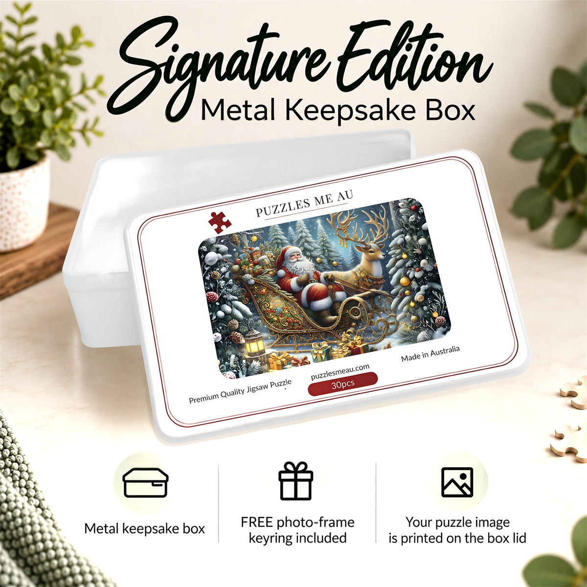 Santa Sleigh and Reindeer wooden puzzle Signature Edition metal keepsake box by Puzzles Me AU - premium gift-ready tin with classic Santa and reindeer Christmas artwork, made in Australia
