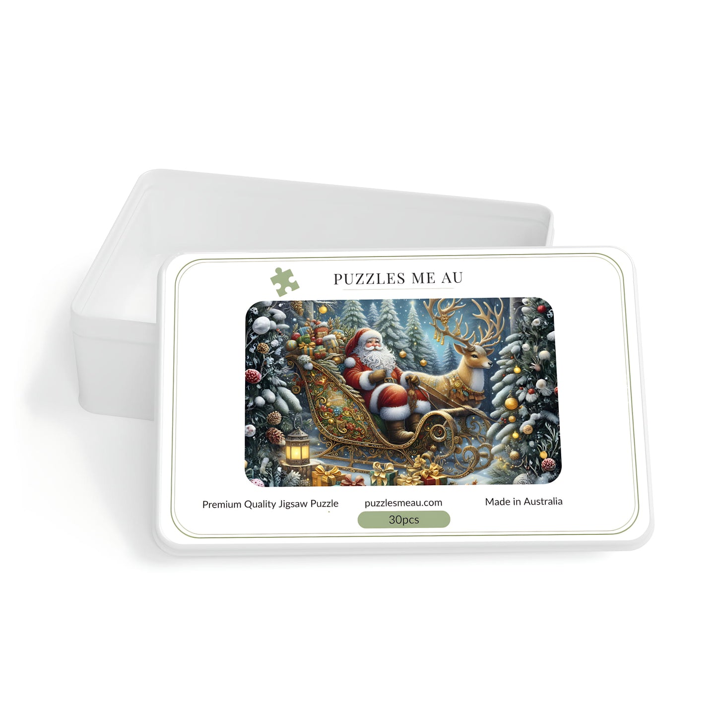 Puzzles Me AU branded box for Santa Sleigh and Reindeer 30-piece wooden jigsaw puzzle - Premium Quality, Made in Australia