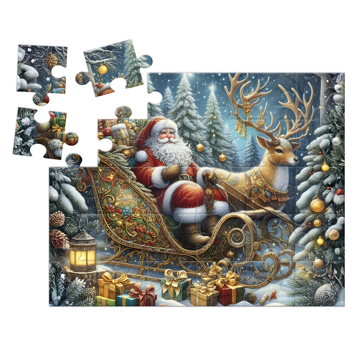 Close-up of Santa Sleigh and Reindeer 30-piece wooden puzzle pieces showing the thick wooden construction and gloss finish, with individual pieces displayed beside the partially assembled puzzle