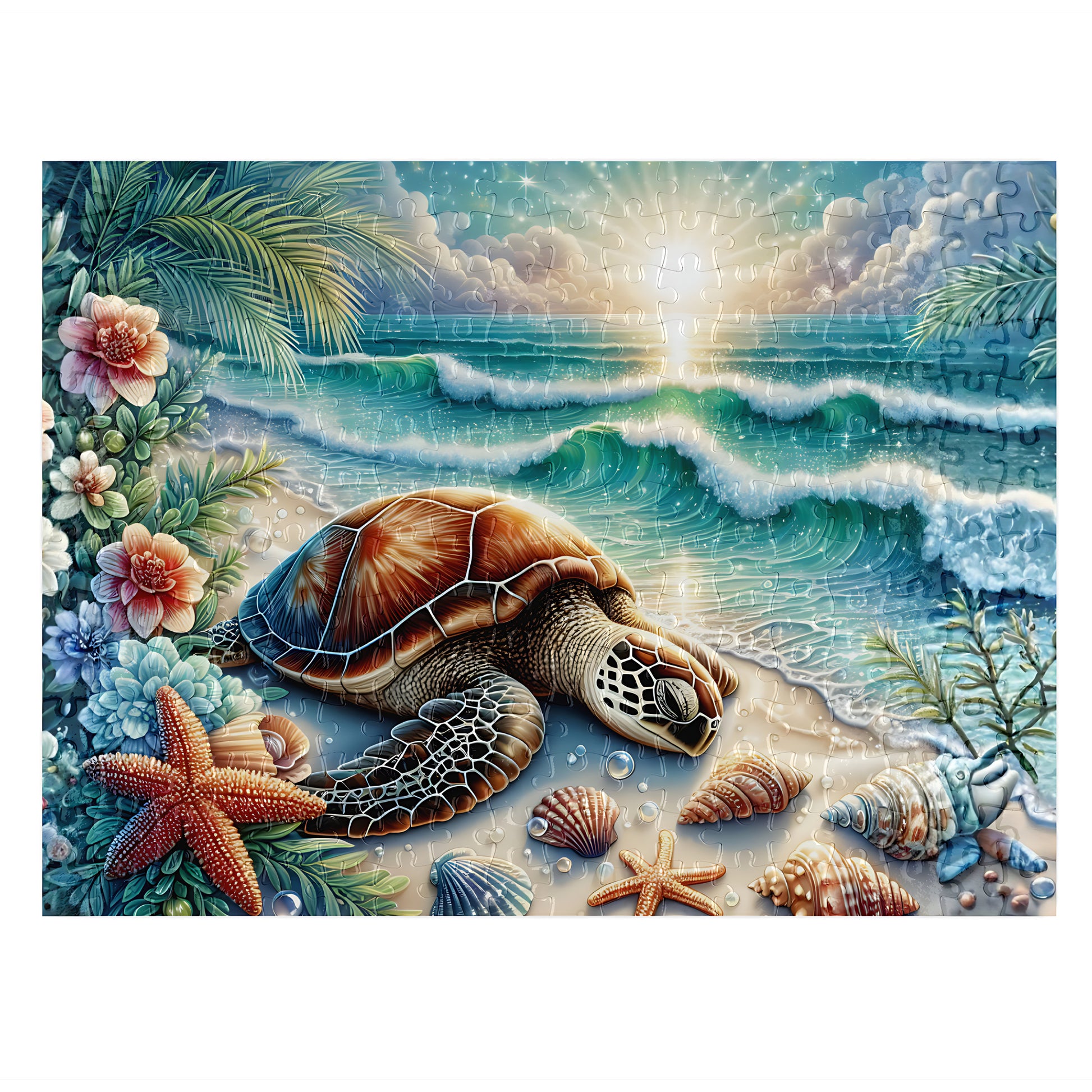 Sea turtle beach jigsaw puzzle - vibrant wildlife art - handmade in Queensland Australia - Puzzles Me AU