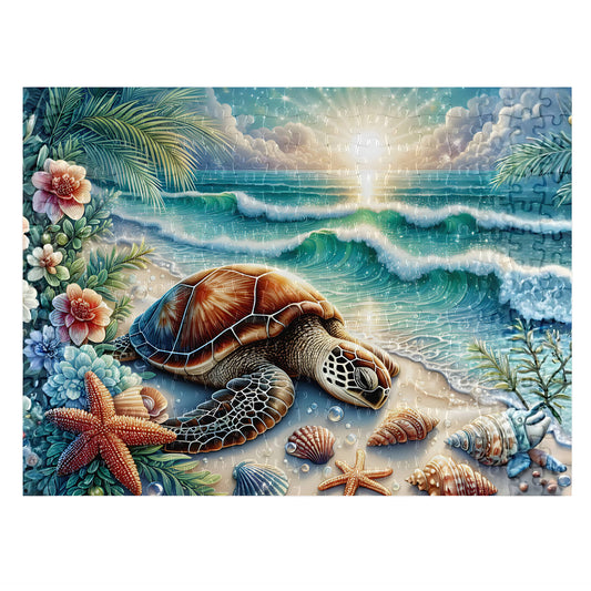 Sea turtle beach jigsaw puzzle - vibrant wildlife art - handmade in Queensland Australia - Puzzles Me AU