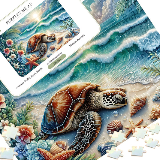 Sea turtle beach 300 piece jigsaw puzzle - puzzle pieces spread alongside Puzzles Me AU branded box and Signature Edition metal keepsake box, sea turtle on sandy beach with starfish and ocean waves, handmade in Queensland Australia