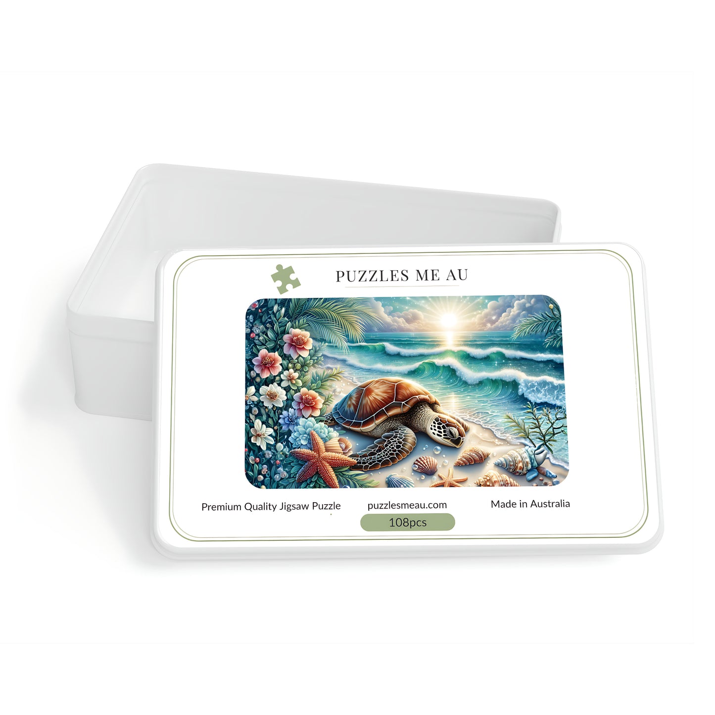 Puzzles Me AU box for sea turtle beach jigsaw puzzle - 108 pieces - premium quality - made in Australia