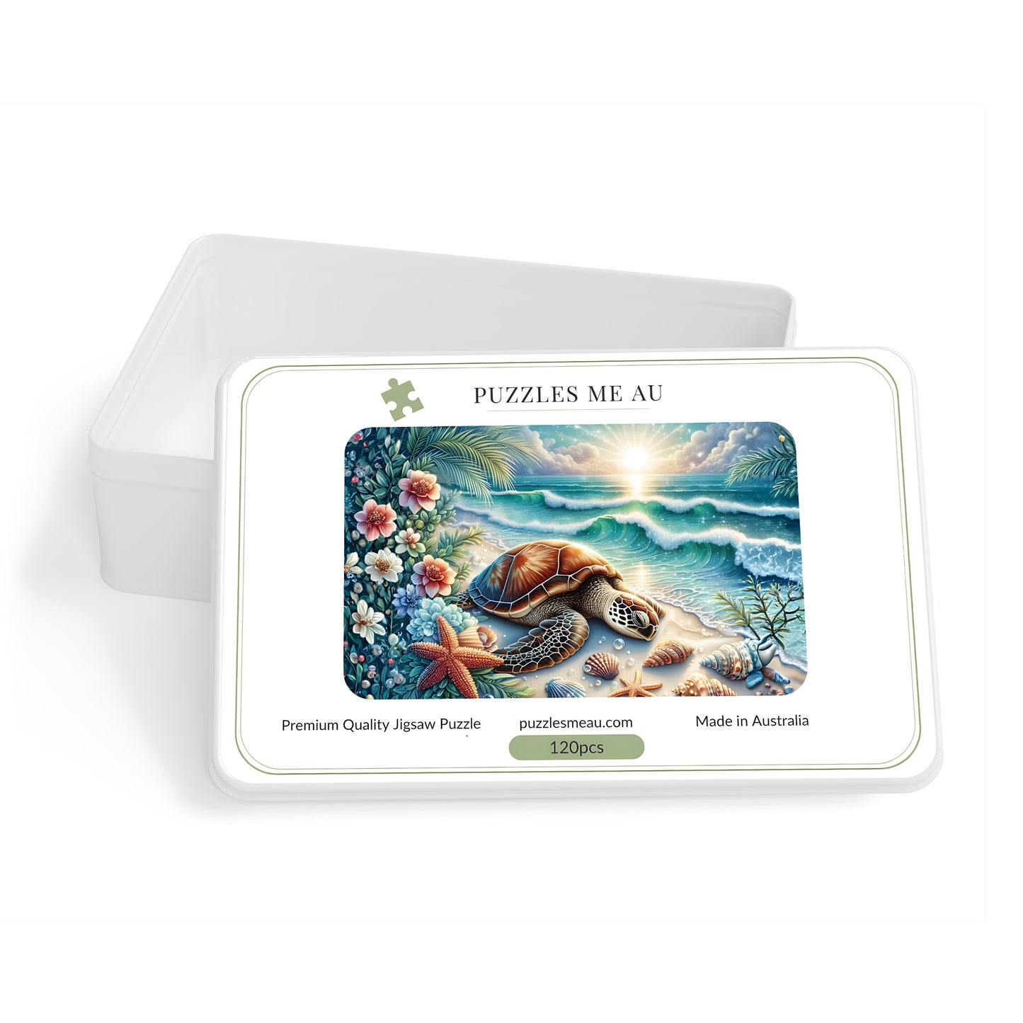 Puzzles Me AU box for sea turtle beach jigsaw puzzle - 120 pieces - premium quality - made in Australia