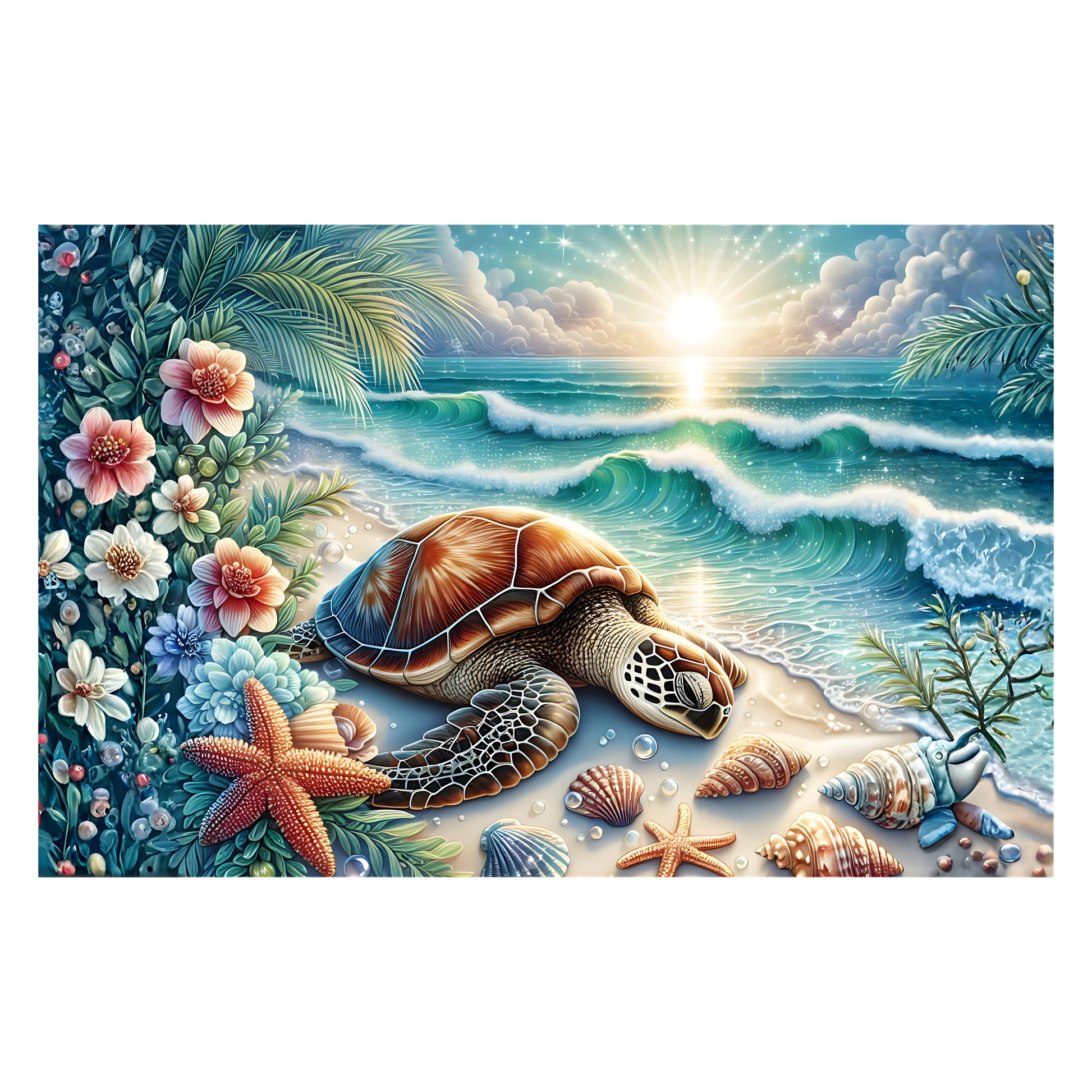 Sea turtle resting on a tropical beach with starfish and shells - original artwork print - Puzzles Me AU