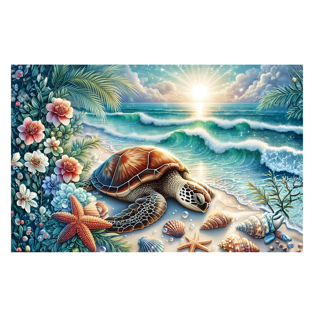 Sea turtle resting on a tropical beach with starfish and shells - original artwork print - Puzzles Me AU