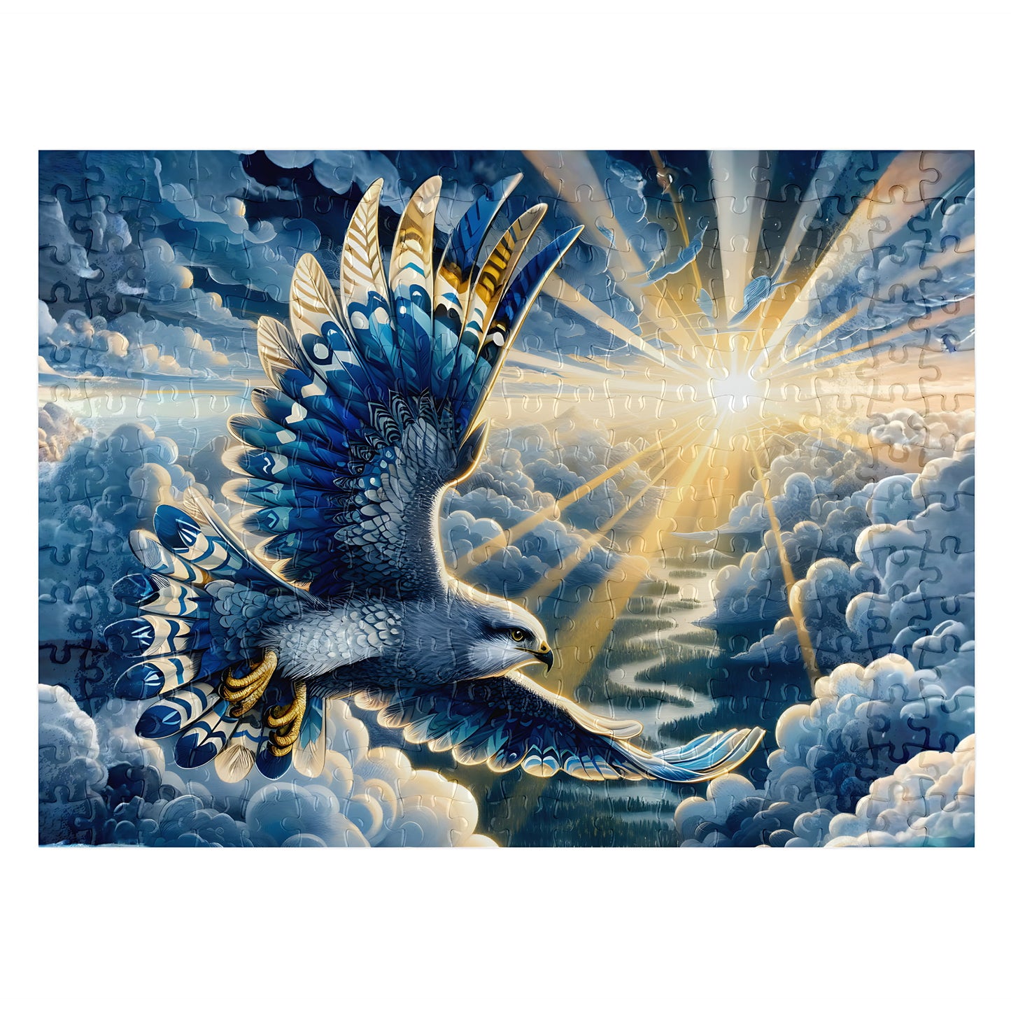 A completed jigsaw puzzle featuring a dramatic illustration of a blue and white falcon flying through clouds with bright sun rays shining from the right side, shown against a plain white background.