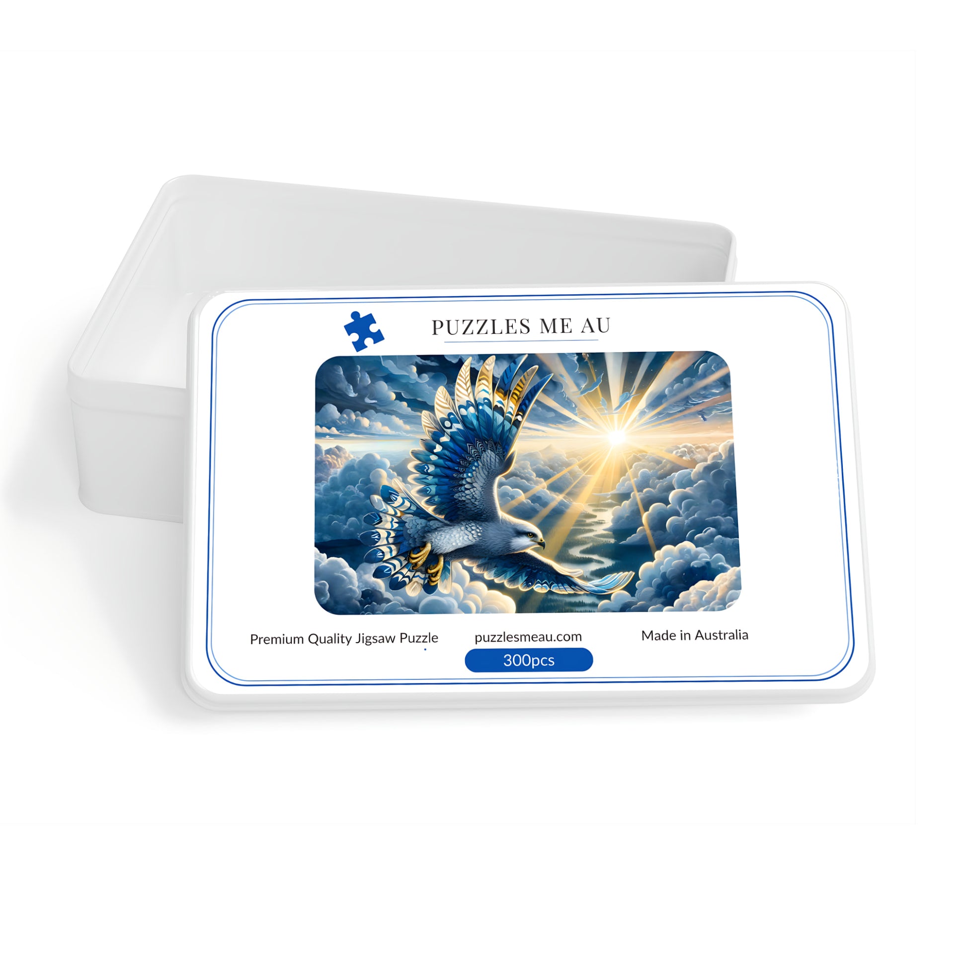 A300-piece jigsaw puzzle box by Puzzles Me Au, featuring a white lid with a blue border and an illustration of a falcon flying through clouds with a bright sunburst. A translucent white plastic storage box is partially visible behind it on a clean white background.