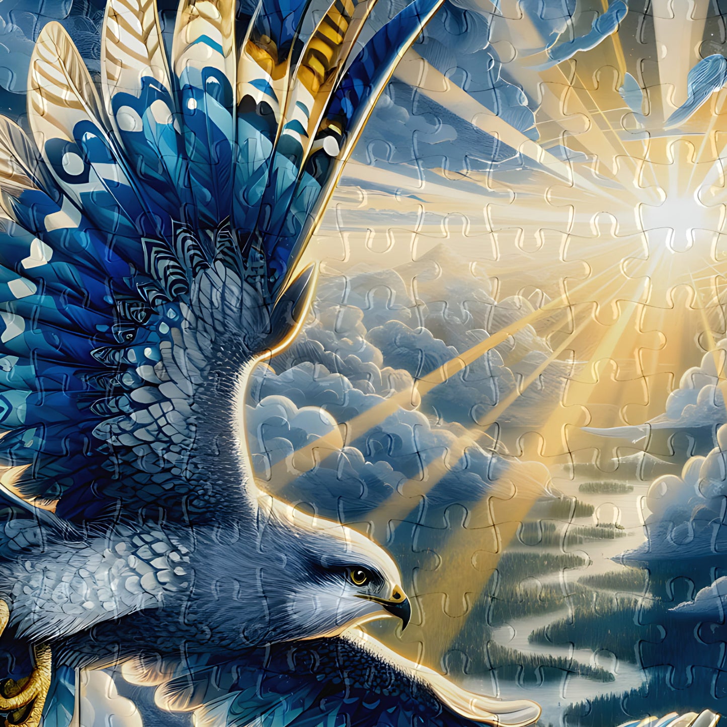 A completed jigsaw puzzle showing a dramatic illustration of a blue and white falcon soaring through clouds with bright sun rays breaking through the sky.