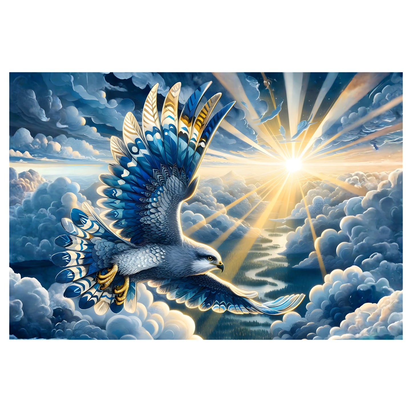 A dramatic fantasy-style artwork of a falcon bird of prey flying through bright clouds with sun rays bursting from the horizon. The scene fills the central area with a white border around it.