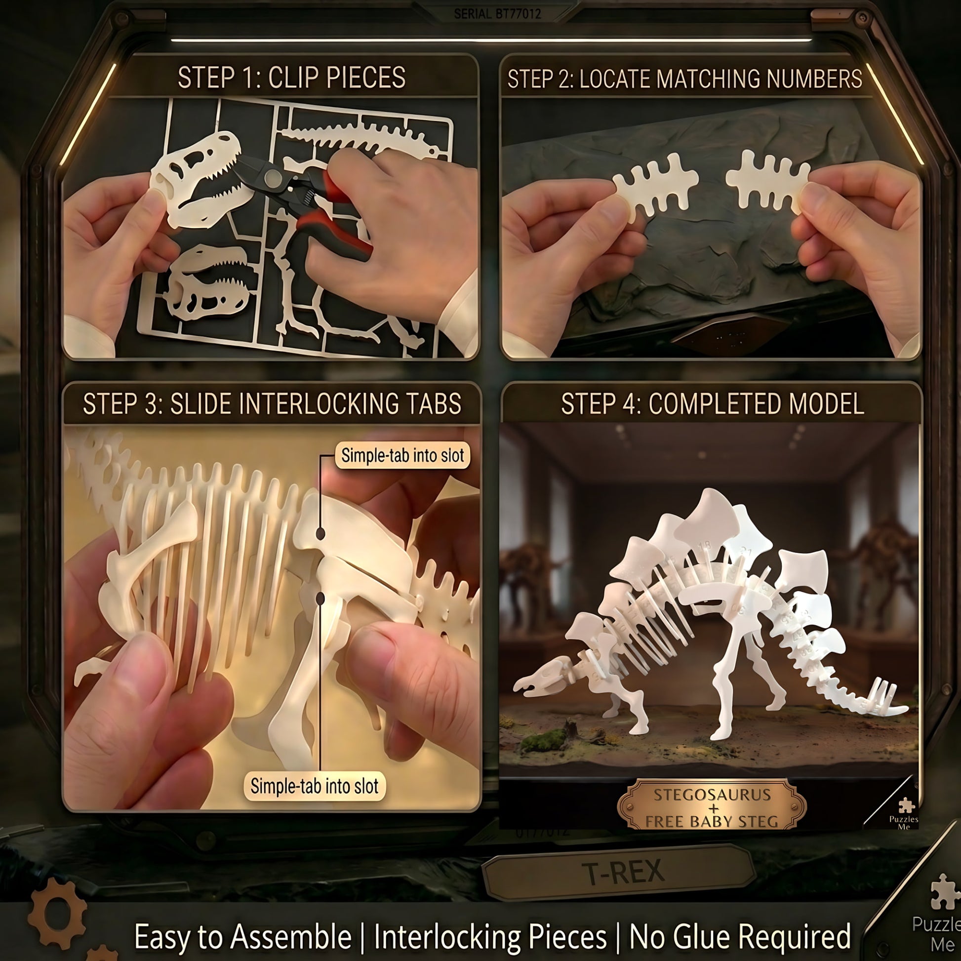 Stegosaurus 3D puzzle kit step-by-step assembly guide for numbered interlocking pieces