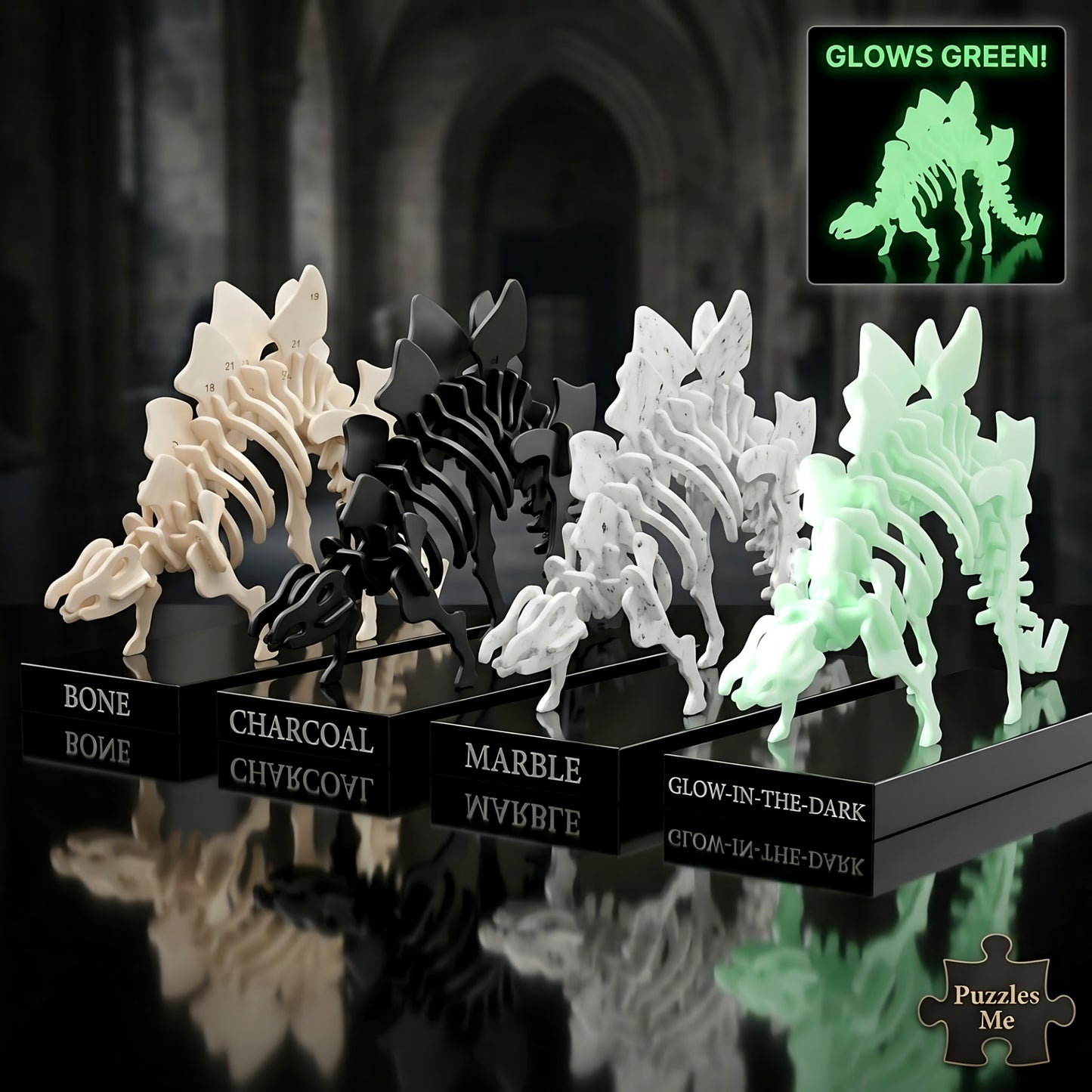Stegosaurus 3D dinosaur puzzle models in Bone, Charcoal, Marble and Glow in the Dark colour options