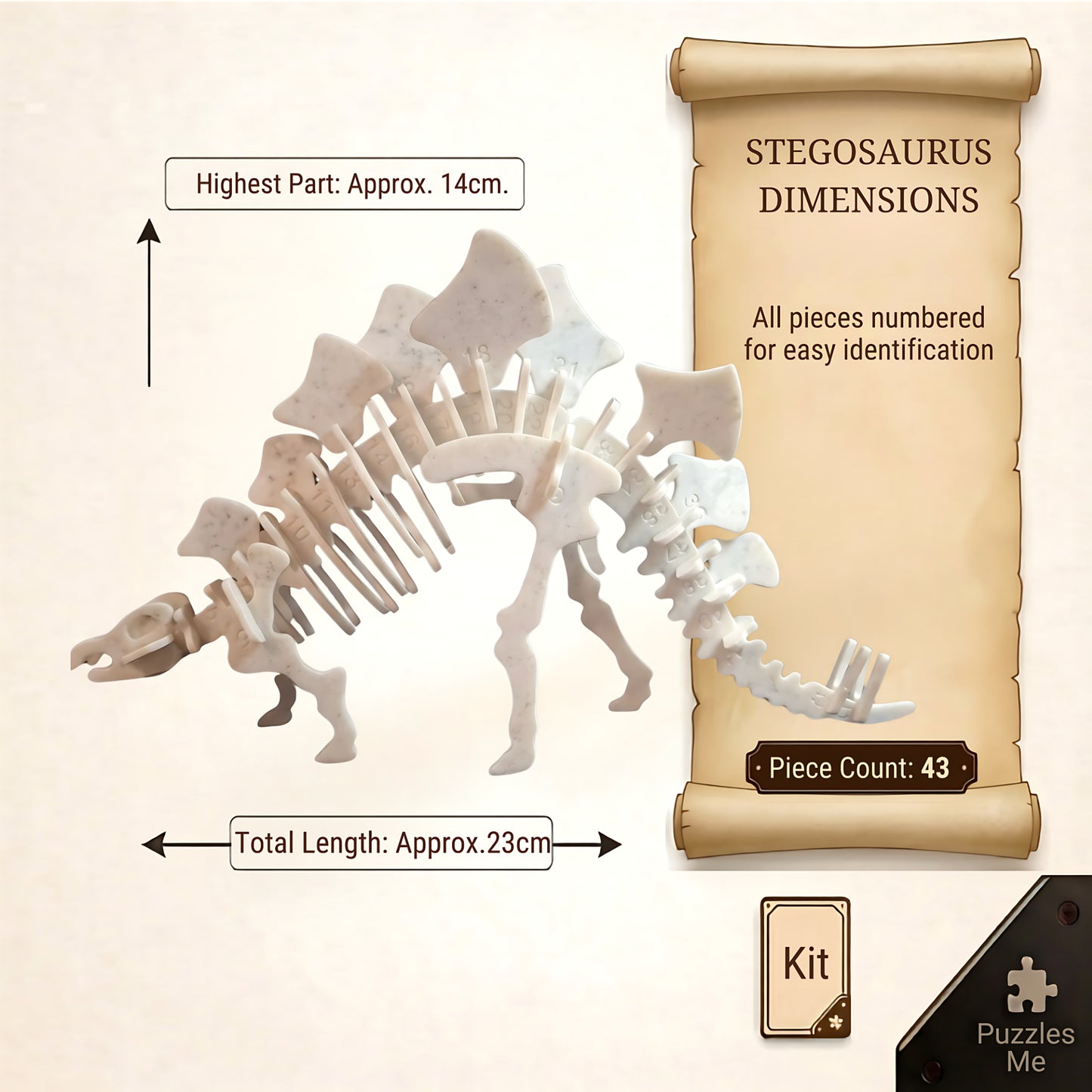 Stegosaurus 3D dinosaur skeleton puzzle model dimensions showing 23 cm length and 14 cm height