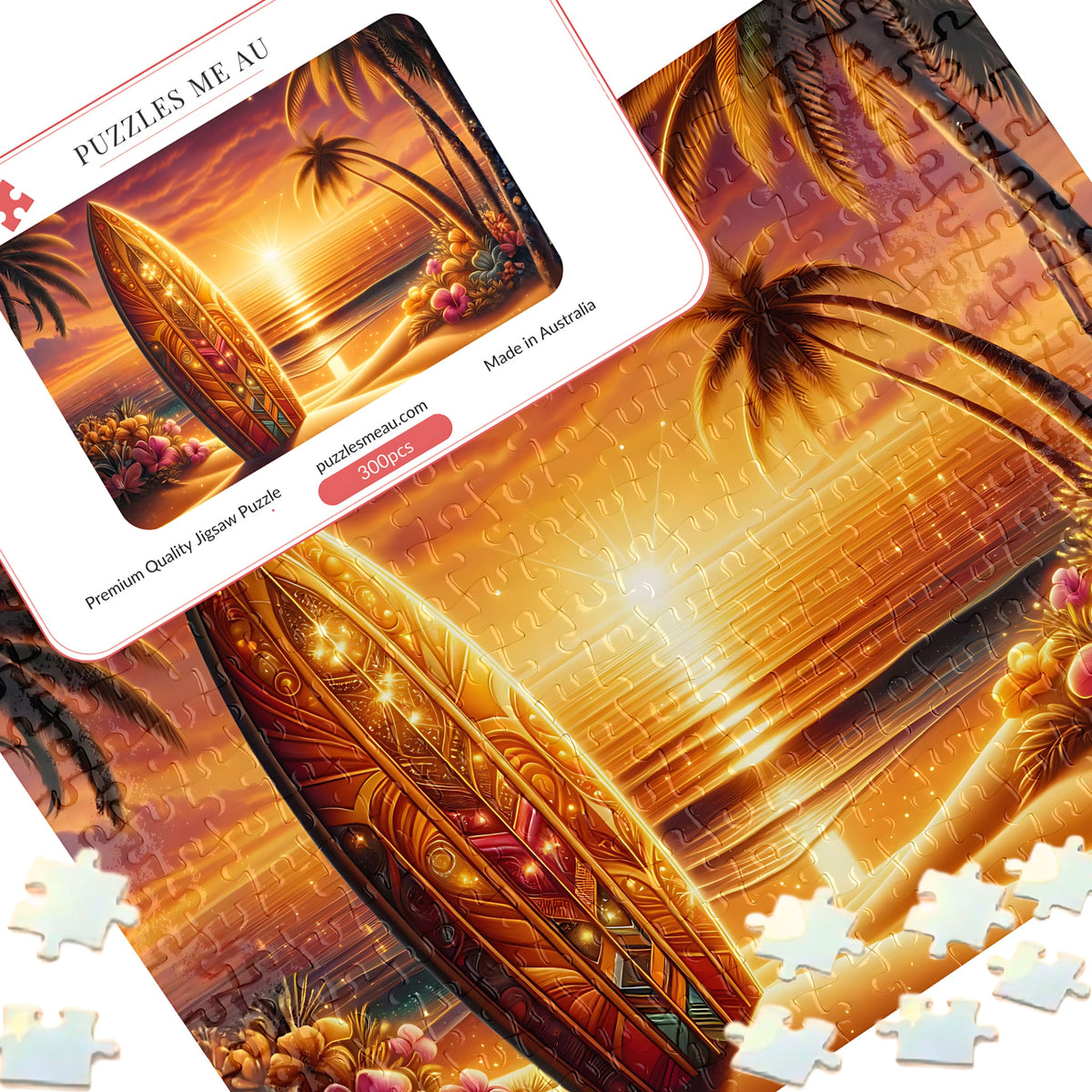 Sunset surfboard beach 300 piece jigsaw puzzle - puzzle pieces spread alongside Puzzles Me AU branded box and Signature Edition metal keepsake box, ornate surfboard glowing against blazing golden sunset with palm trees and tropical blooms, handmade in Queensland Australia