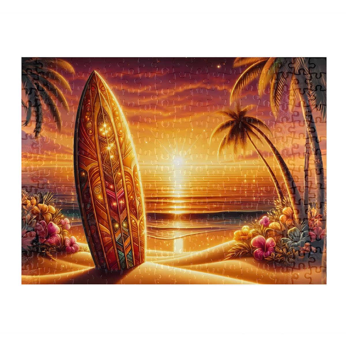Sunset surfboard beach jigsaw puzzle 300 pieces - vibrant Australian coastal art - handmade in Queensland Australia - Puzzles Me AU