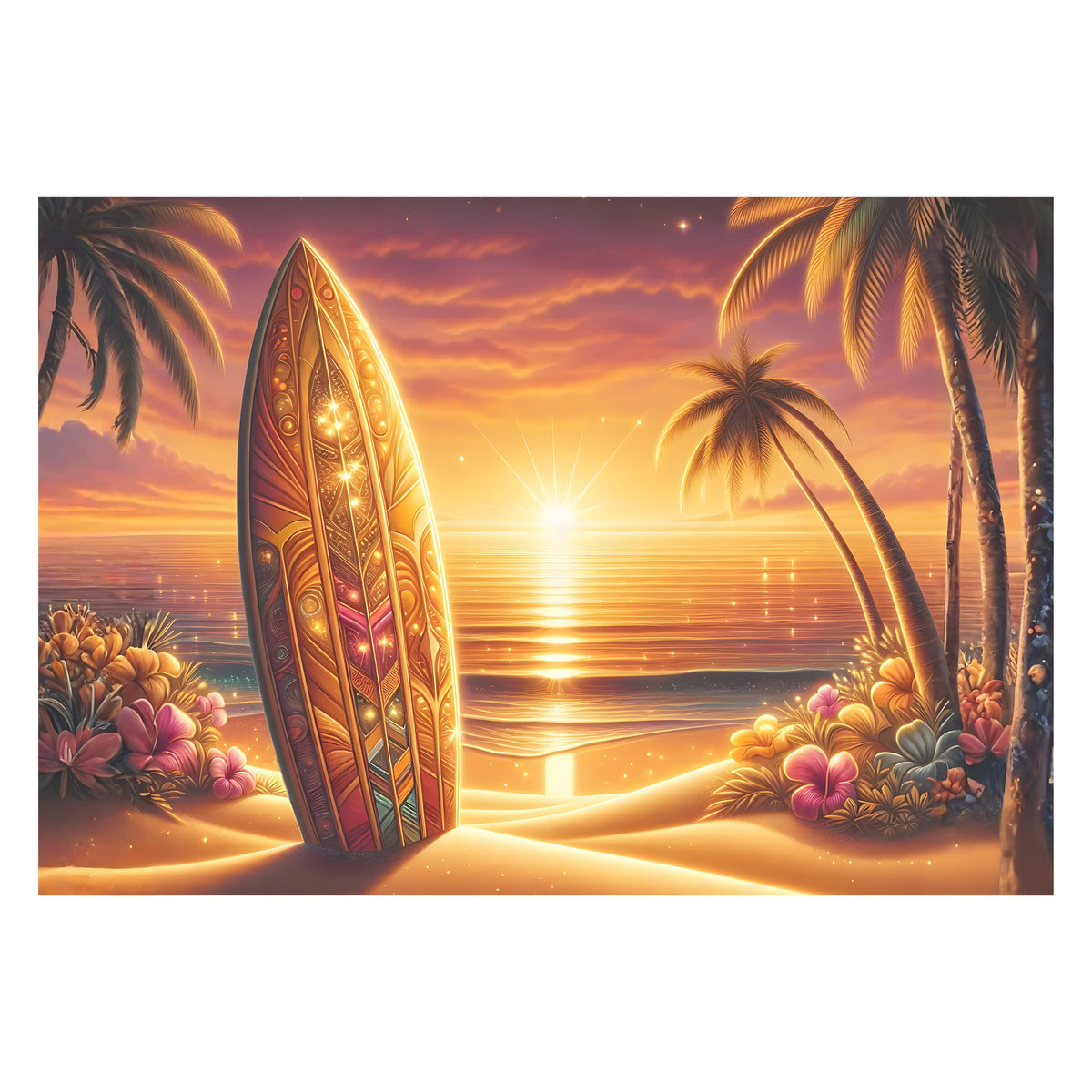 Ornate surfboard standing on a golden sunset beach with palm trees and tropical flowers - original artwork print - Puzzles Me AU