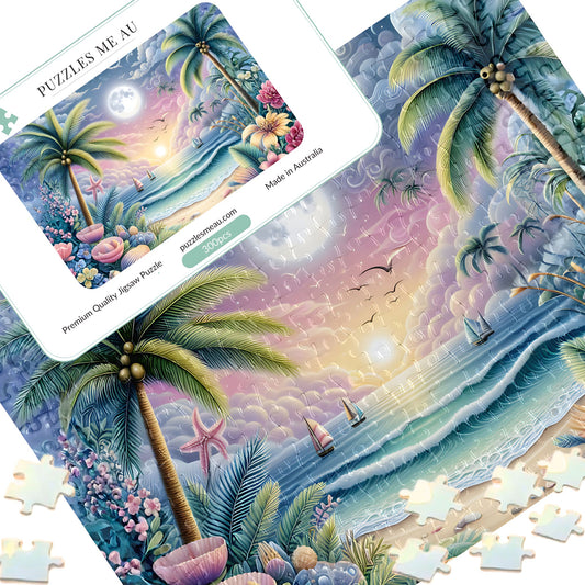 Tropical moonrise beach 300 piece jigsaw puzzle - puzzle pieces spread alongside Puzzles Me AU branded box and Signature Edition metal keepsake box, moonlit tropical beach with palm trees starfish and sailboats in soft pink and blue tones, handmade in Queensland Australia