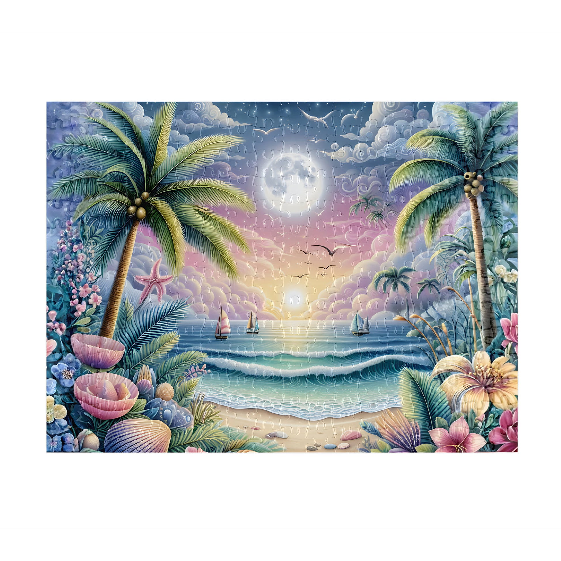 Assembled Tropical Moonrise Beach 300-piece jigsaw puzzle with gloss finish pieces, featuring palm trees, sailboats, seashells and tropical flowers under a full moon at sunset