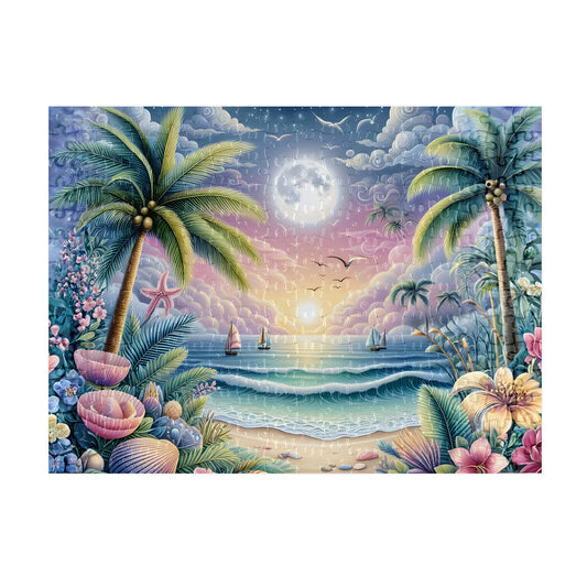Assembled Tropical Moonrise Beach 300-piece jigsaw puzzle with gloss finish pieces, featuring palm trees, sailboats, seashells and tropical flowers under a full moon at sunset