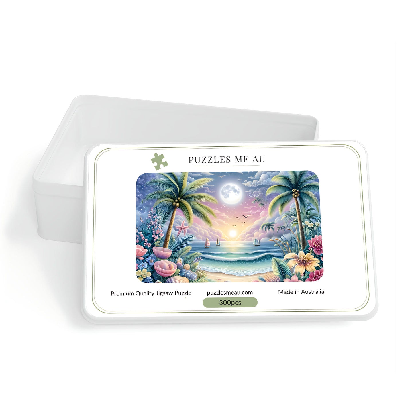 Puzzles Me AU branded box for Tropical Moonrise Beach 300-piece jigsaw puzzle - Premium Quality, Made in Australia