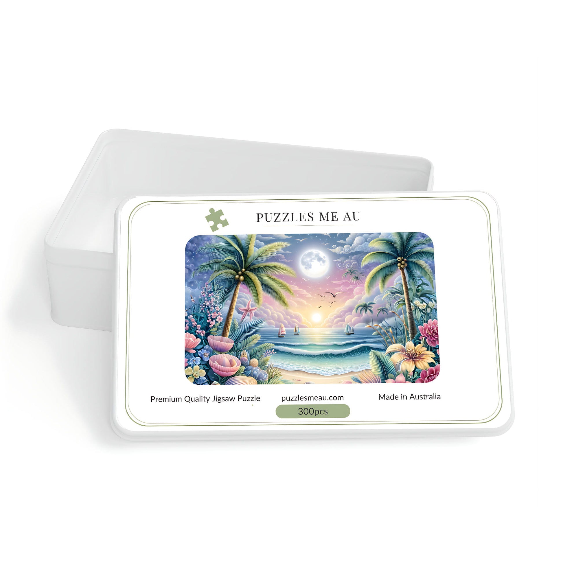 Puzzles Me AU branded box for Tropical Moonrise Beach 300-piece jigsaw puzzle - Premium Quality, Made in Australia
