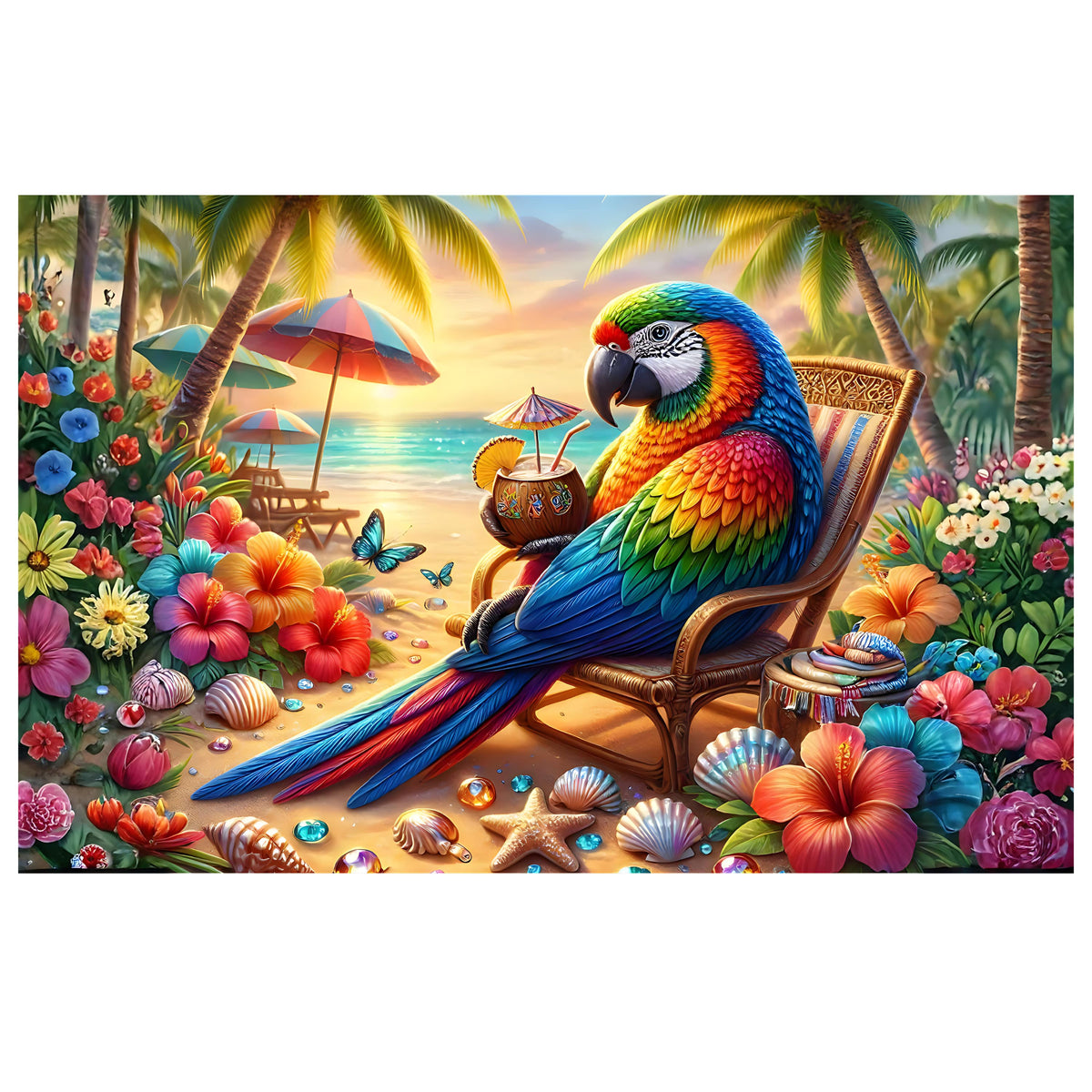 Tropical Parrot Beach puzzle artwork with colourful parrot, palm trees, flowers and sunset ocean