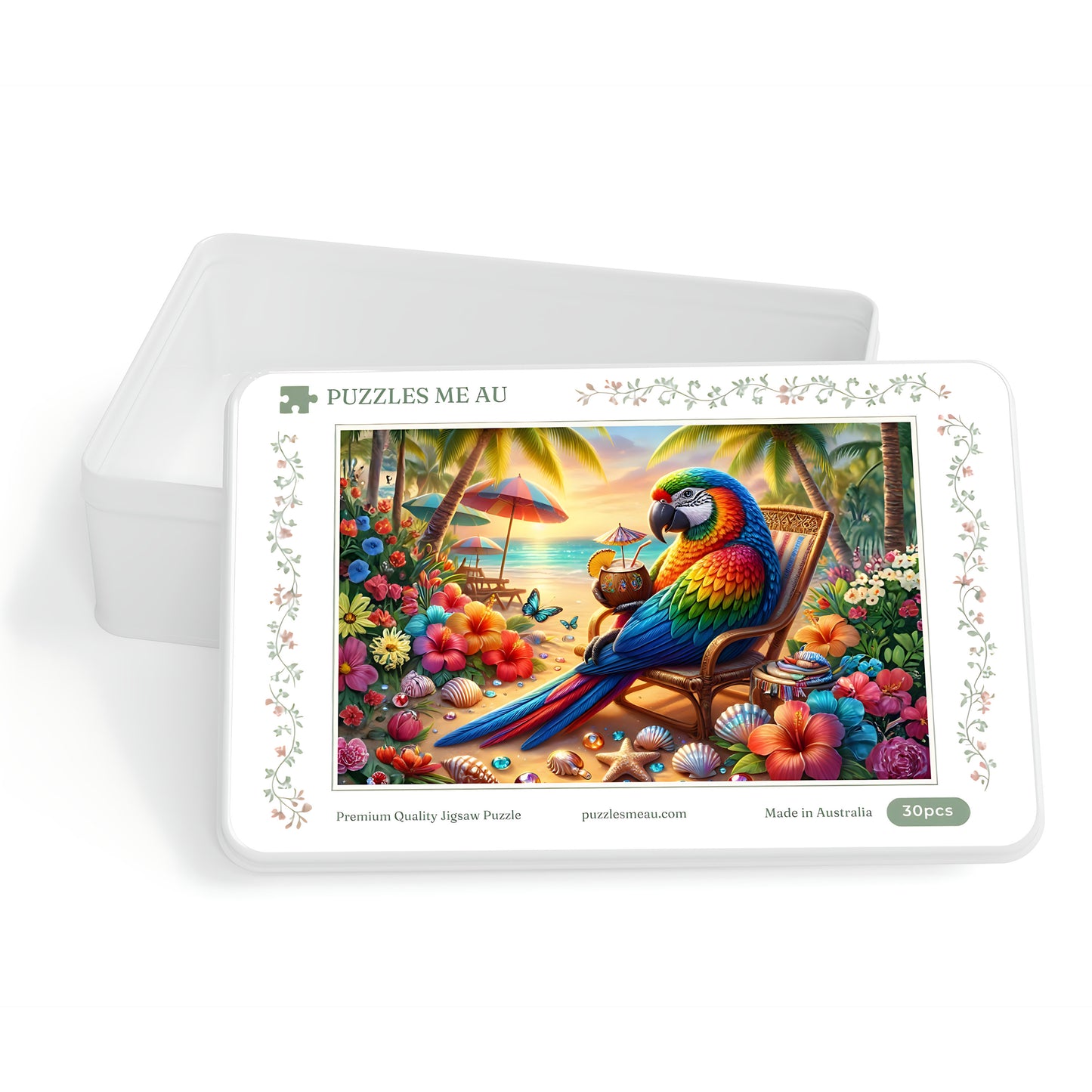 Puzzles Me AU white keepsake gift box with tropical parrot beach puzzle artwork printed on lid 30 pieces