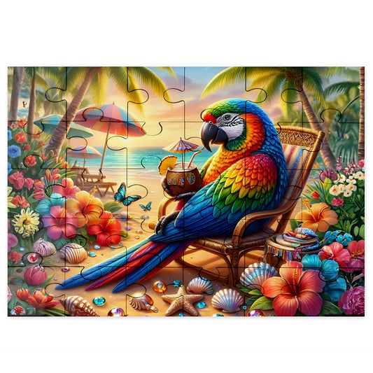 Tropical Parrot Beach 30-piece wooden puzzle with large pieces and colourful macaw beach scene
