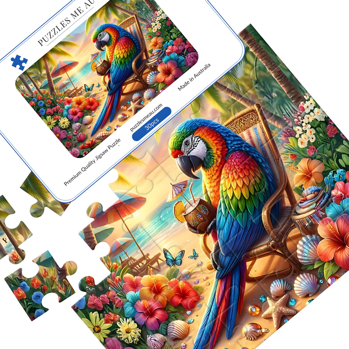 Tropical Parrot Beach 30-piece wooden puzzle by Puzzles Me AU - colourful rainbow macaw beach scene with puzzle pieces spread out, handmade in Queensland Australia