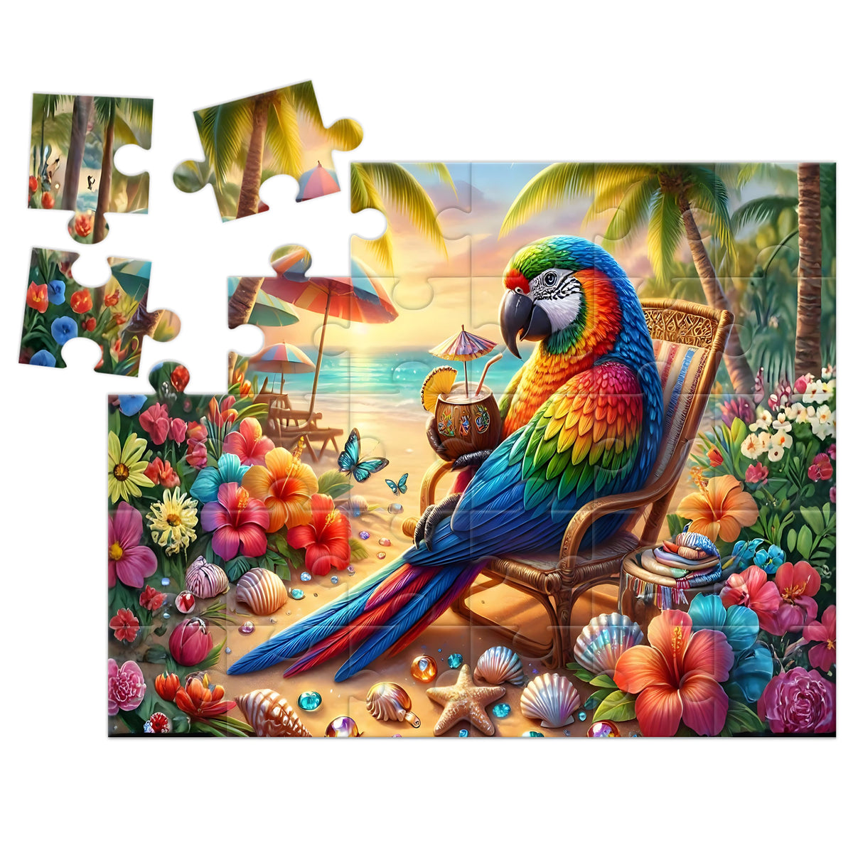 Tropical Parrot Beach 30-piece wooden puzzle with large pieces and loose pieces above the assembled puzzle