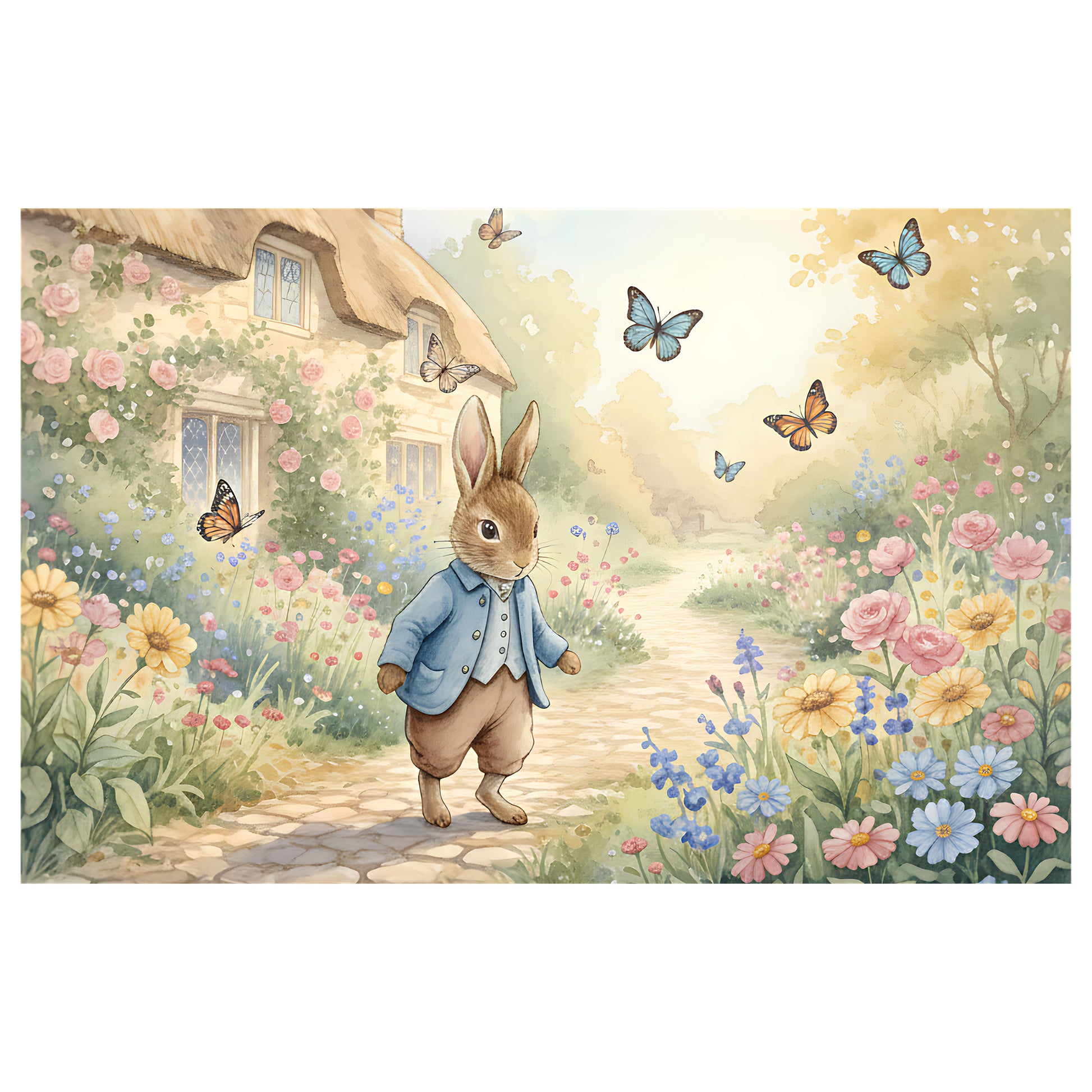 Peter Rabbit Garden watercolour artwork - cottage garden scene