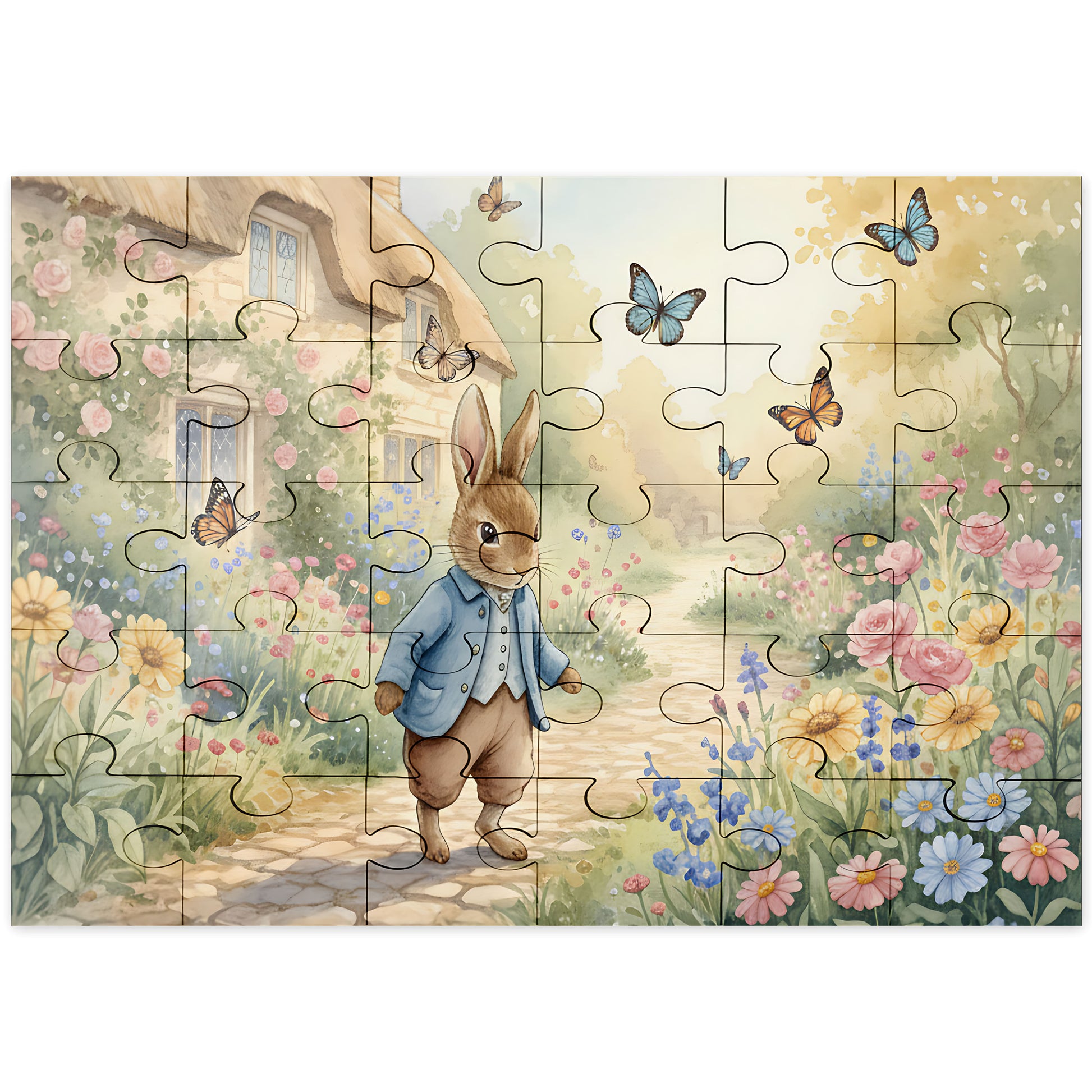 Peter Rabbit Garden Wooden Puzzle completed flat lay - 30 pieces