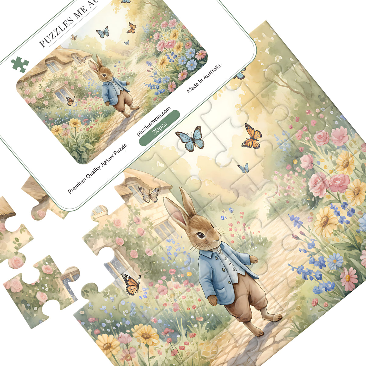 Vintage Cottage Garden Rabbit wooden puzzle 30 pieces - hero image showing completed storybook rabbit puzzle with large chunky pieces - handmade in Queensland Australia